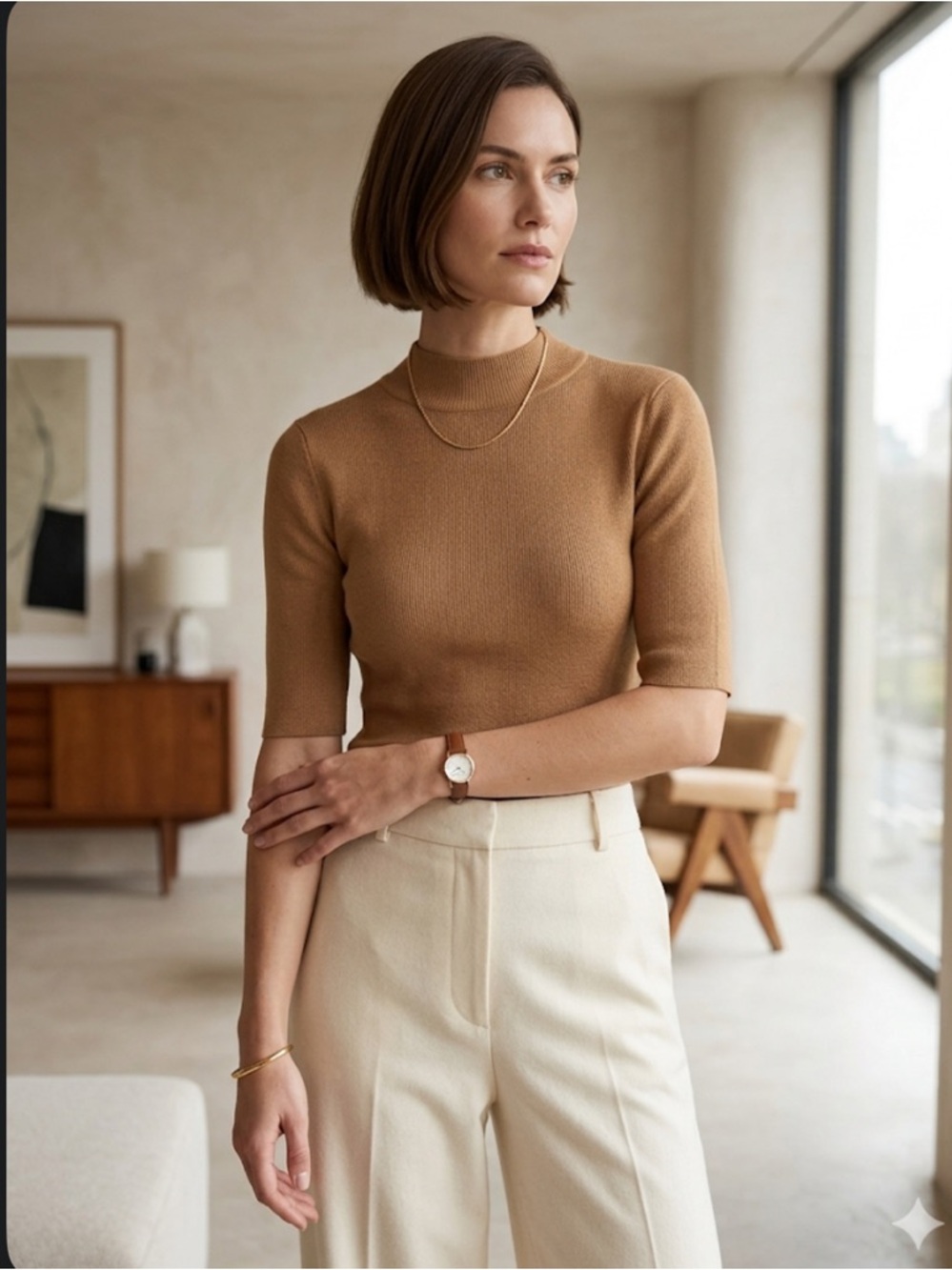 Kanzler Camel Ribbed Knit Mock Neck Half Sleeve Sweater Size Small